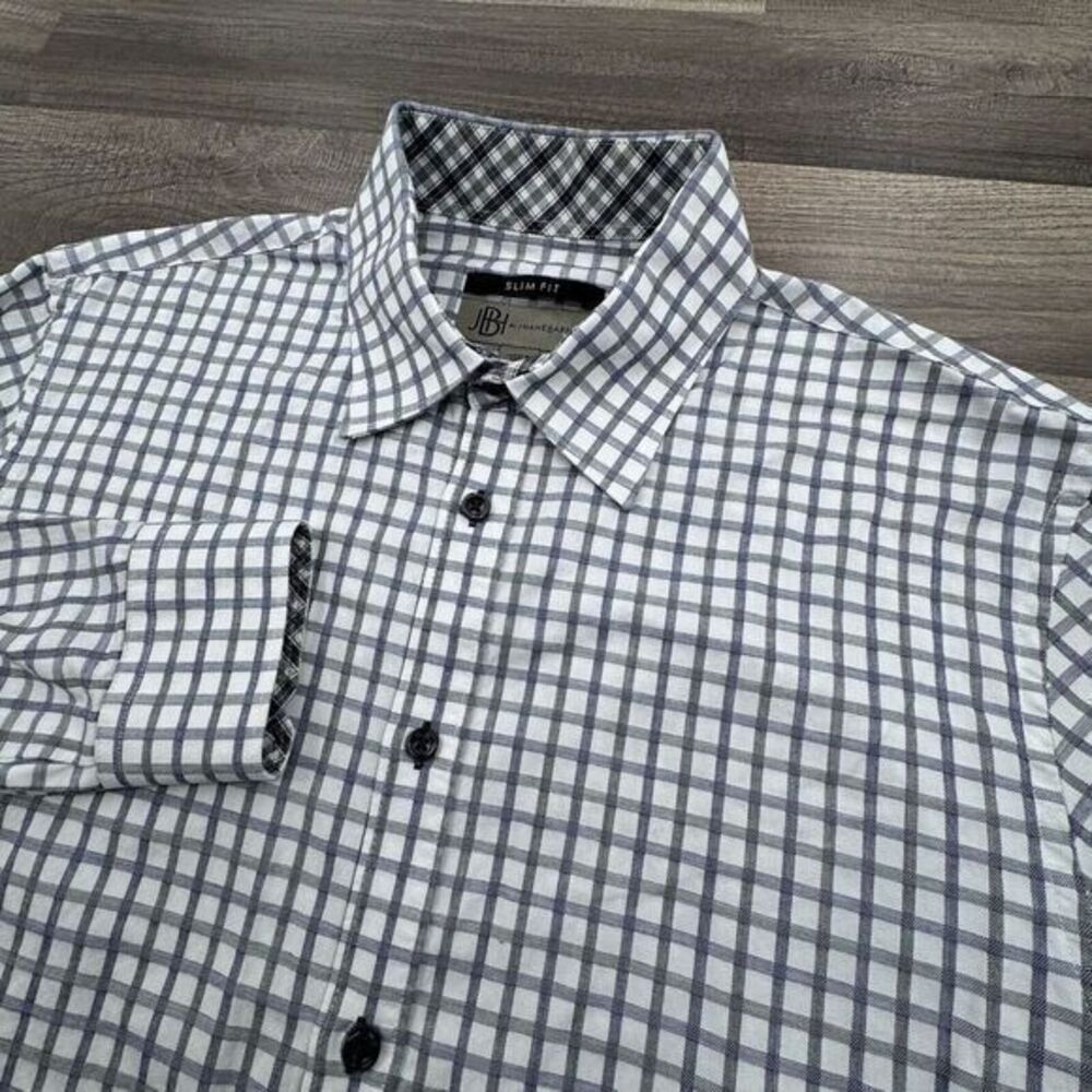 Jhane Barnes Mens Medium White Blue Check Slim Fit Casual Button‎ Up Long Sleeve